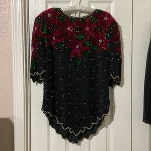 Laurence Kazar Black Top with Red and Green Beaded poinsettia Design